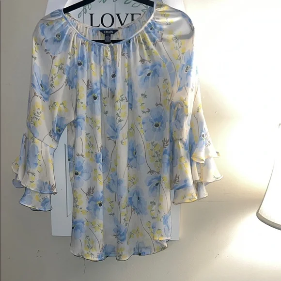 Chaps Blue and White Flutter Sleeve Blouse - Picture 1 of 5